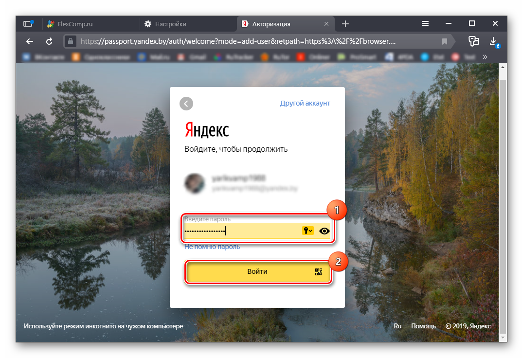 Ввод пароля в Яндекс Браузере