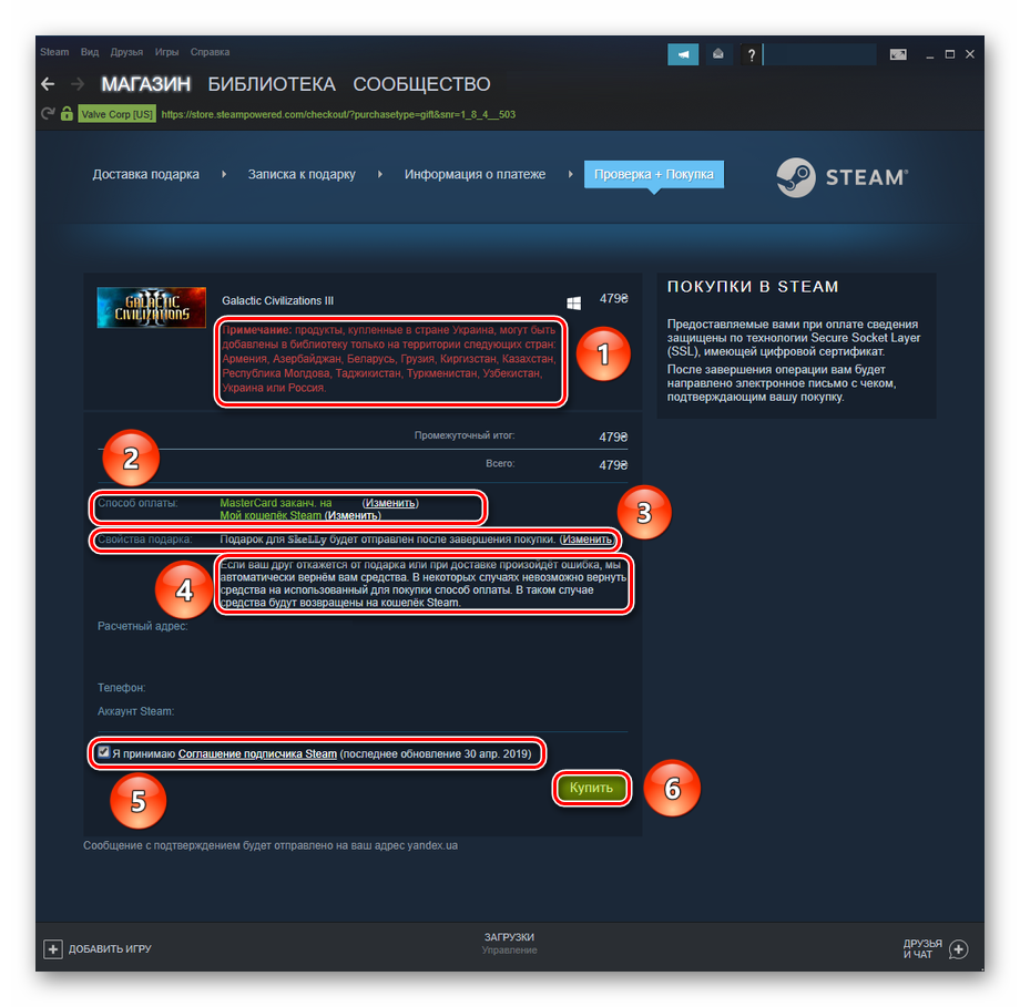 Проверка данных и предупреждения перед покупкой подарочной игры в Steam