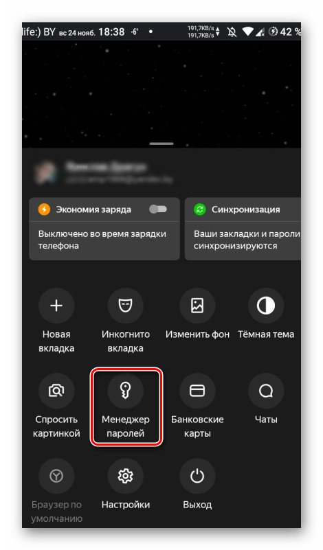 Пункт Менеджер паролей в мобильном Яндекс Браузере