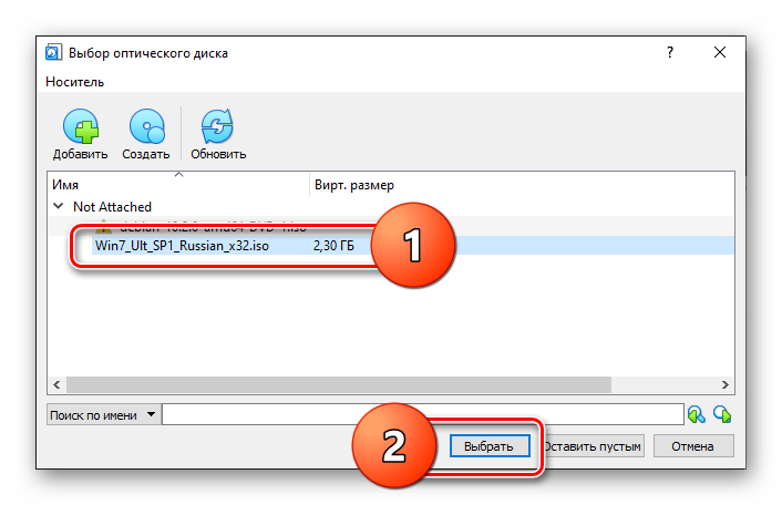 Выбор добавленного образа для установки ОС Windows 7 на VirtualBox