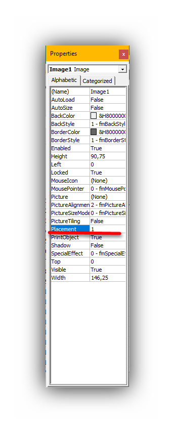 Изменение значения параметра PLACEMENT в Microsoft Excel