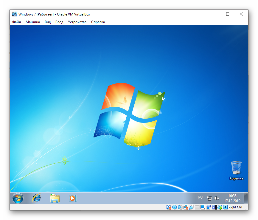 Операционная система Windows 7 установлена на VirtualBox